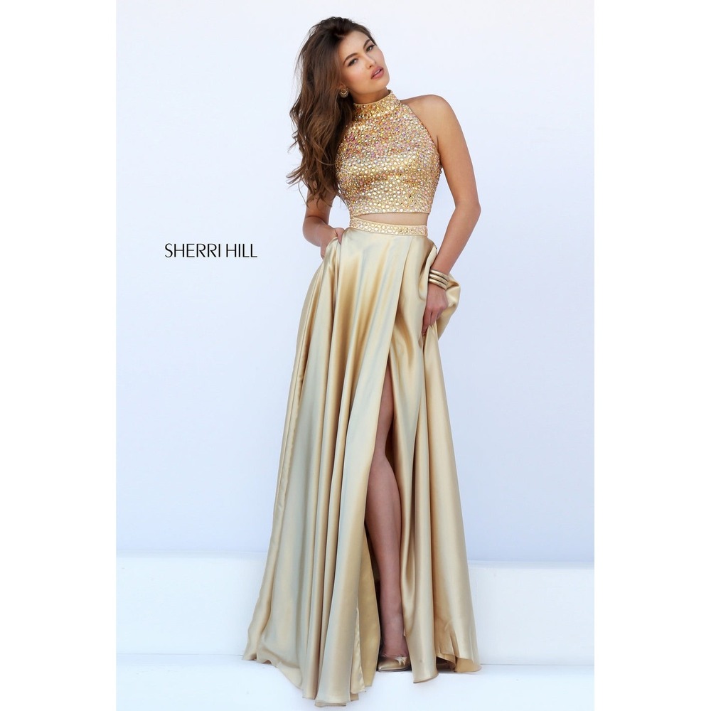 NWT Sherri Hill Gold Two Piece Halter High Slit Gown Dress Size 6 Prom Formal